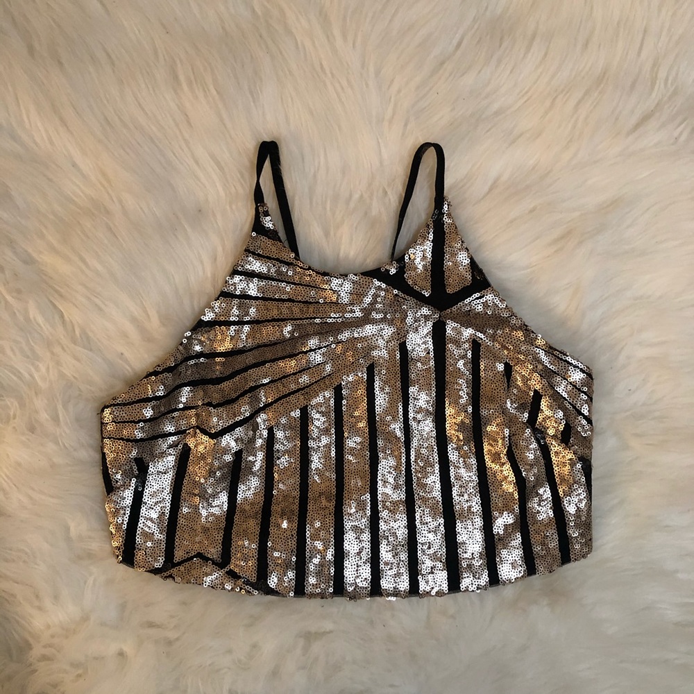 gold and black sequin halter crop top